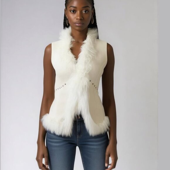 Mythology Cream Silver Studded White Faux Fur Trim Nubby Wool Vest Medium - Picture 1 of 13